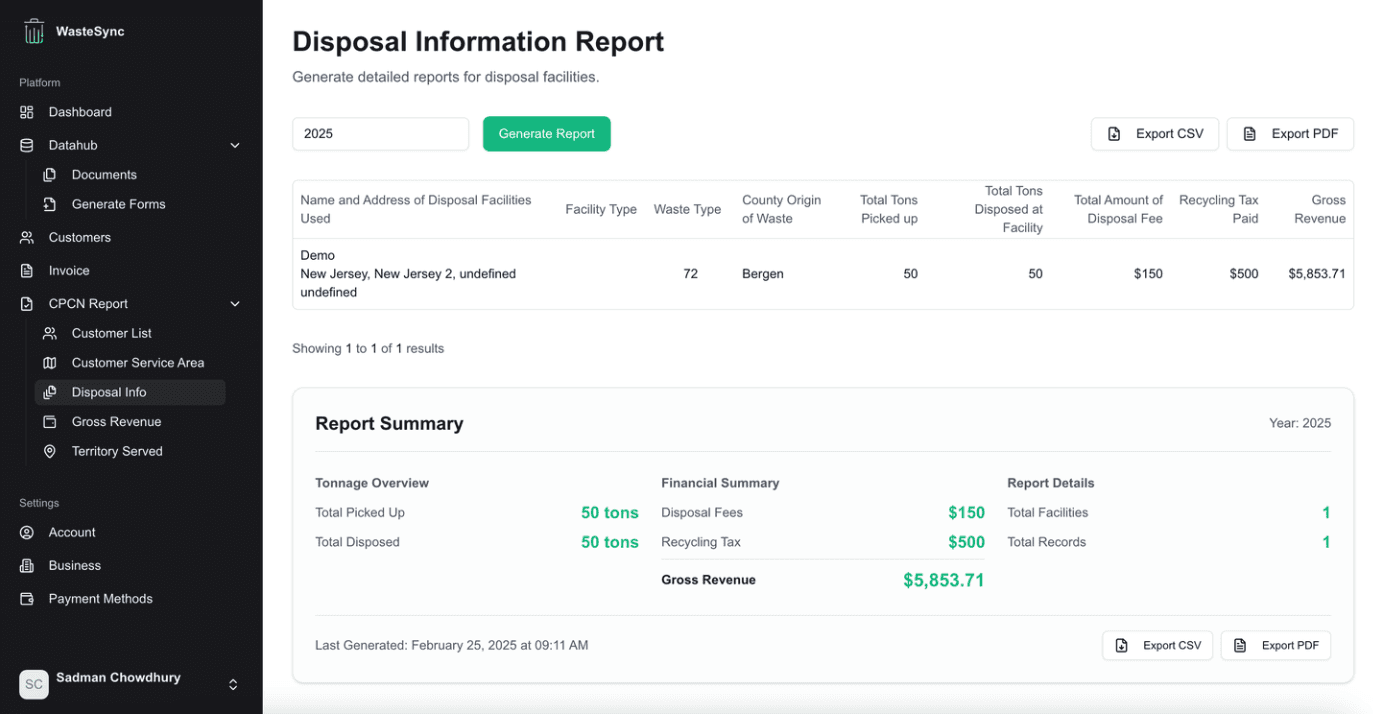 WasteSync Disposal Information Report